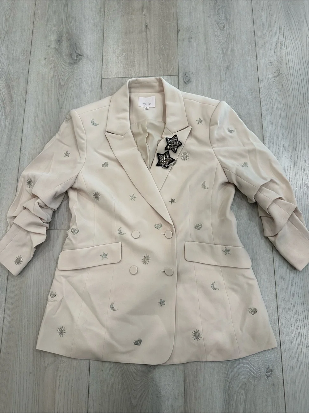 Cinq à Sept Embroidered Celestial Double Breasted Blazer Size 10 Ivory Moon & St